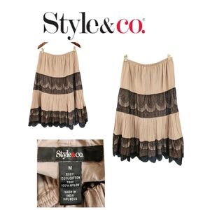 Style & CO. brown Boho tiered peasant skirt with black lace detailing  size M